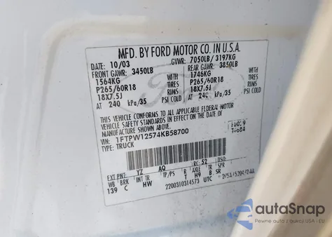 2004 Ford F-150 Lariat/Xlt из США, поврежденный, VIN 1FTPW12574KB58700